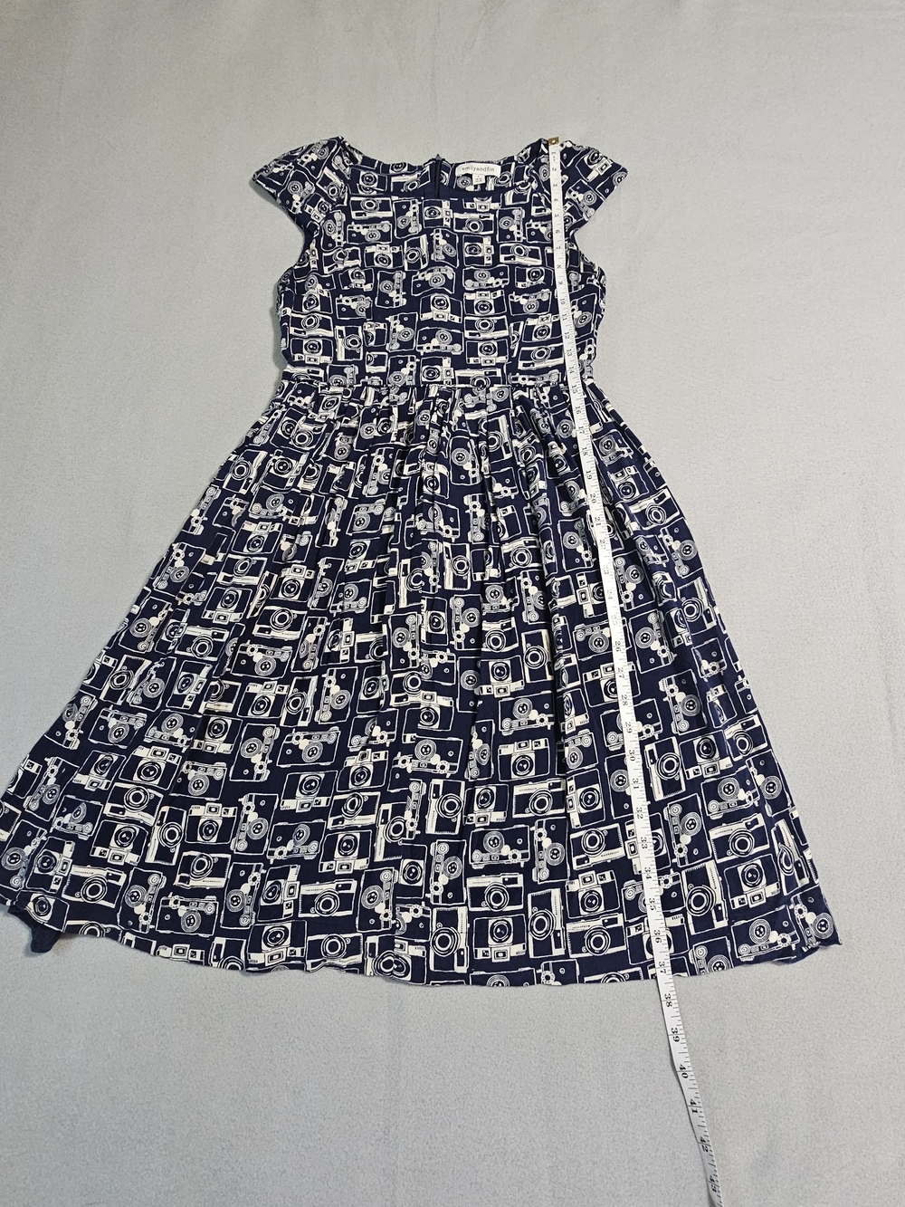 Emily and Fin Camera Print Fit & Flare Dress Blue White Retro Midi Pockets Small - Picture 6 of 10